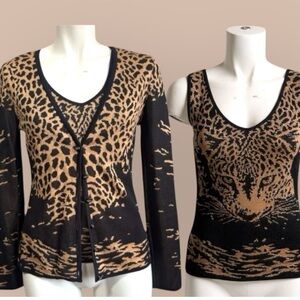 Vintage Escada Leopard Cardigan Twin Set 2-Piece Rhinestone Sparkle Womens Small